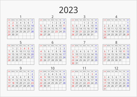 2023年 年間カレンダー シンプル 枠あり 横向き 曜日(英語)
