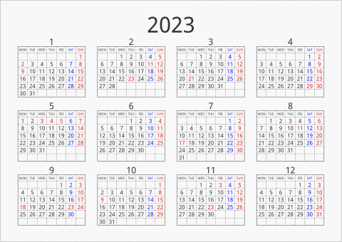 2023年 年間カレンダー シンプル 枠あり 横向き 月曜始まり 曜日(英語)