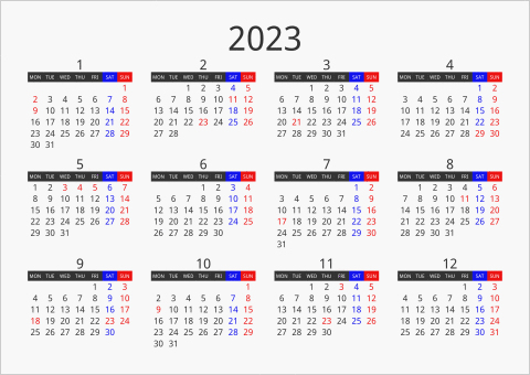 2023年 年間カレンダー フォーマル 枠なし 横向き 月曜始まり 曜日(英語)
