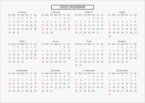 2023年 年間カレンダー 標準 枠なし 横向き 曜日(英語)