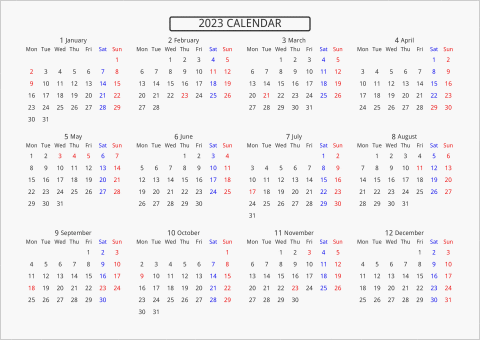 2023年 年間カレンダー 標準 枠なし 横向き 月曜始まり 曜日(英語)