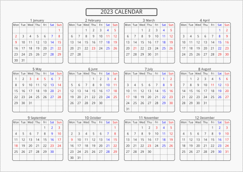 2023年 年間カレンダー 標準 角丸枠 横向き 月曜始まり 曜日(英語)