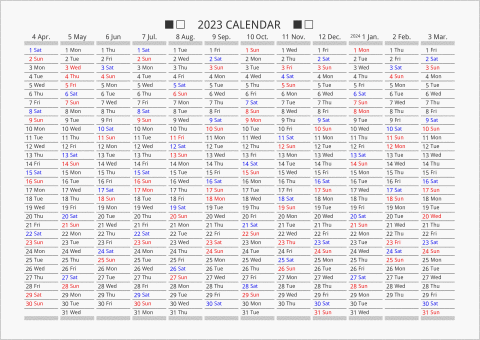 2023年 年間カレンダー 日付縦向き 4月始まり 曜日(英語)