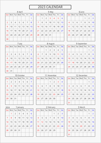 2023年 年間カレンダー 標準 枠あり 4月始まり 曜日(英語)
