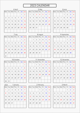 2023年 年間カレンダー 標準 枠あり 4月始まり 月曜始まり 曜日(英語)