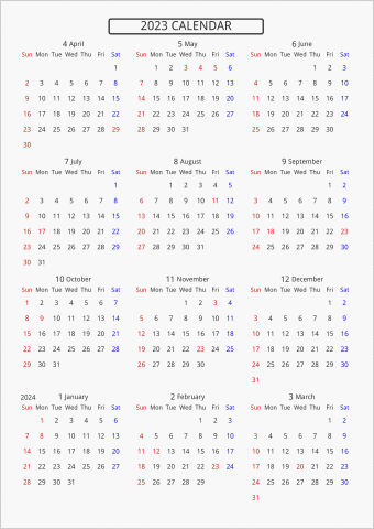 2023年 年間カレンダー 標準 枠なし 4月始まり 曜日(英語)