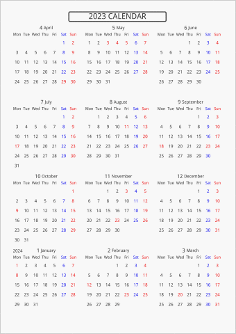2023年 年間カレンダー 標準 枠なし 4月始まり 月曜始まり 曜日(英語)