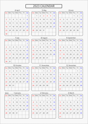 2023年 年間カレンダー 標準 角丸枠 4月始まり 曜日(英語)