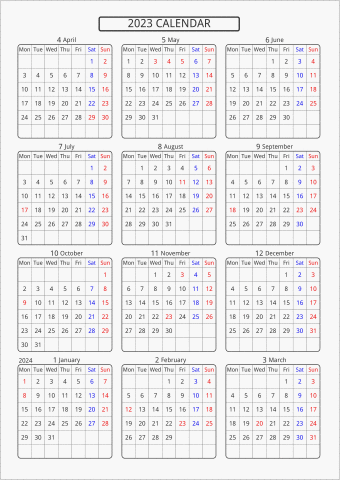 2023年 年間カレンダー 標準 角丸枠 4月始まり 月曜始まり 曜日(英語)