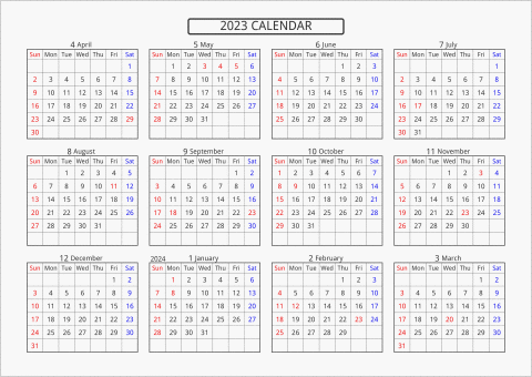 2023年 年間カレンダー 標準 横向き 4月始まり 曜日(英語)