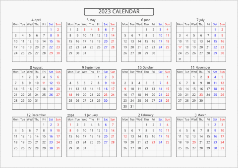 2023年 年間カレンダー 標準 横向き 4月始まり 月曜始まり 曜日(英語)