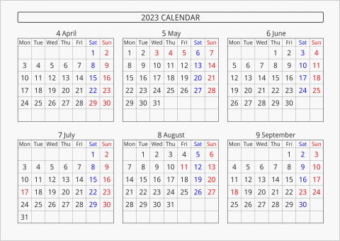 2023年 6ヶ月カレンダー 横向き 4月始まり 月曜始まり 曜日(英語)