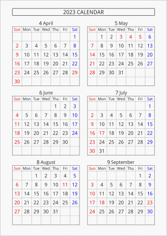 2023年 6ヶ月カレンダー 縦向き 4月始まり 曜日(英語)