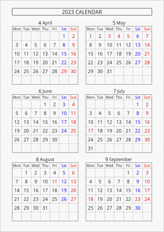 2023年 6ヶ月カレンダー 縦向き 4月始まり 月曜始まり 曜日(英語)