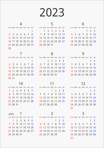 2023年 年間カレンダー シンプル 縦向き 4月始まり 曜日(英語)