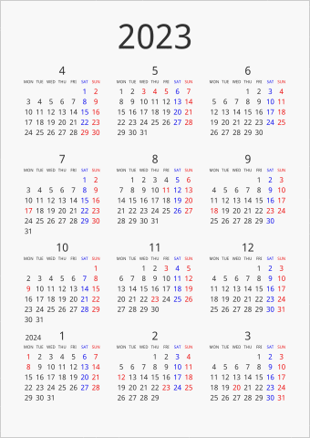 2023年 年間カレンダー シンプル 縦向き 4月始まり 月曜始まり 曜日(英語)