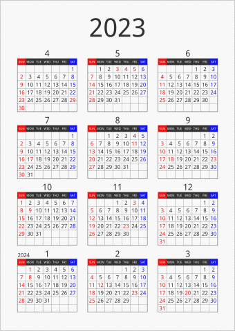 2023年 年間カレンダー フォーマル 縦向き 4月始まり 曜日(英語)