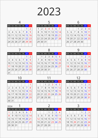 2023年 年間カレンダー フォーマル 縦向き 4月始まり 月曜始まり 曜日(英語)