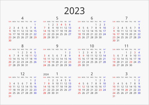 2023年 年間カレンダー シンプル 横向き 4月始まり 曜日(英語)