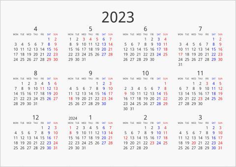 2023年 年間カレンダー シンプル 横向き 4月始まり 月曜始まり 曜日(英語)
