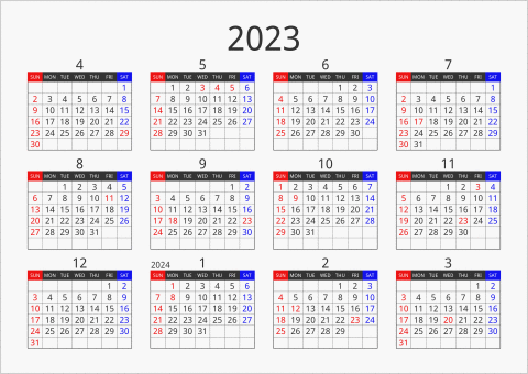 2023年 年間カレンダー フォーマル 横向き 4月始まり 曜日(英語)