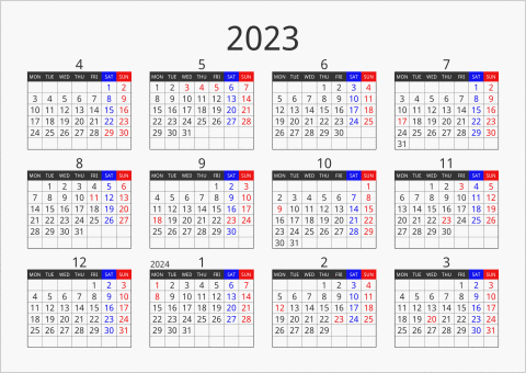 2023年 年間カレンダー フォーマル 横向き 4月始まり 月曜始まり 曜日(英語)