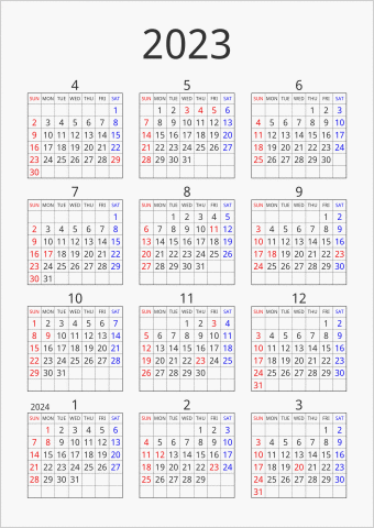 2023年 年間カレンダー シンプル 枠あり 縦向き 4月始まり 曜日(英語)