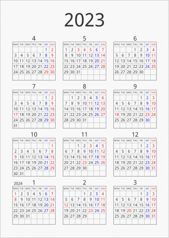 2023年 年間カレンダー シンプル 枠あり 縦向き 4月始まり 月曜始まり 曜日(英語)