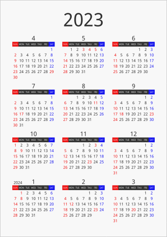 2023年 年間カレンダー フォーマル 枠なし 縦向き 4月始まり 曜日(英語)