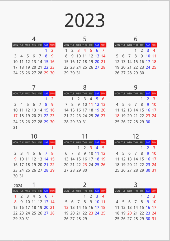 2023年 年間カレンダー フォーマル 枠なし 縦向き 4月始まり 月曜始まり 曜日(英語)