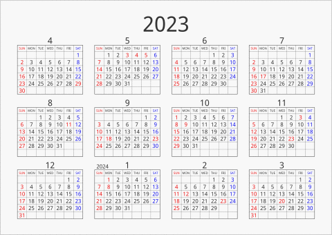 2023年 年間カレンダー シンプル 枠あり 横向き 4月始まり 曜日(英語)