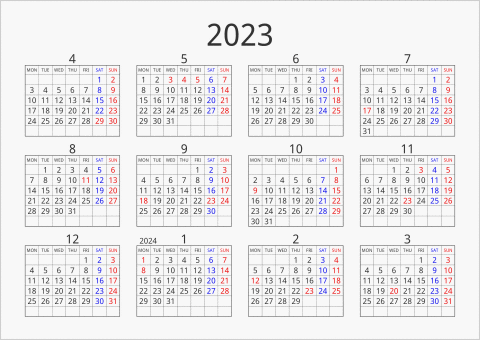 2023年 年間カレンダー シンプル 枠あり 横向き 4月始まり 月曜始まり 曜日(英語)