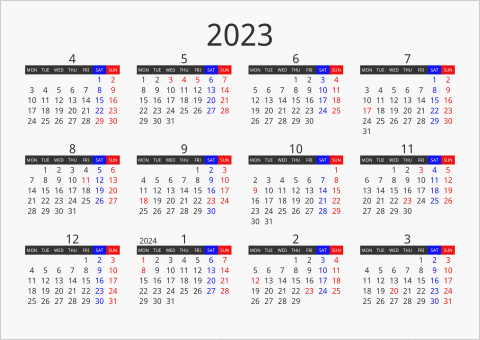 2023年 年間カレンダー フォーマル 枠なし 横向き 4月始まり 月曜始まり 曜日(英語)