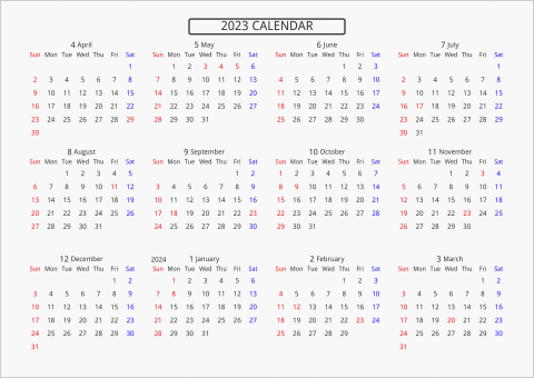 2023年 年間カレンダー 標準 枠なし 横向き 4月始まり 曜日(英語)