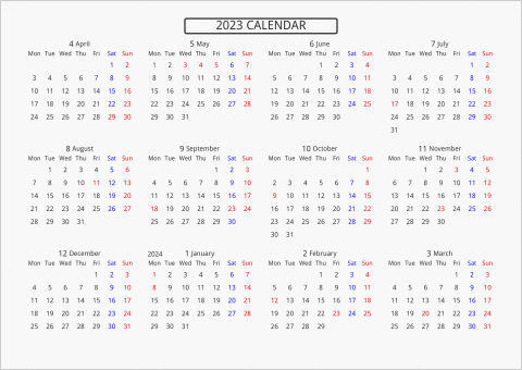 2023年 年間カレンダー 標準 枠なし 横向き 4月始まり 月曜始まり 曜日(英語)