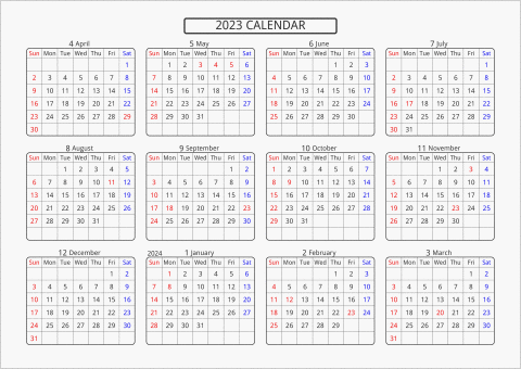 2023年 年間カレンダー 標準 角丸枠 横向き 4月始まり 曜日(英語)