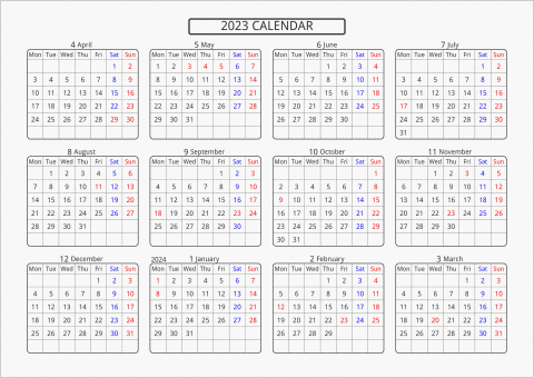 2023年 年間カレンダー 標準 角丸枠 横向き 4月始まり 月曜始まり 曜日(英語)