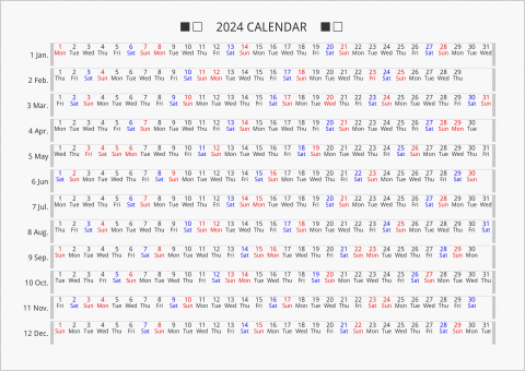 2024年 年間カレンダー 日付横向き 曜日(英語)