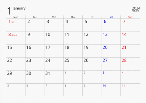 2024年 1ヶ月カレンダー ボーダーレス 月曜始まり 曜日(英語)