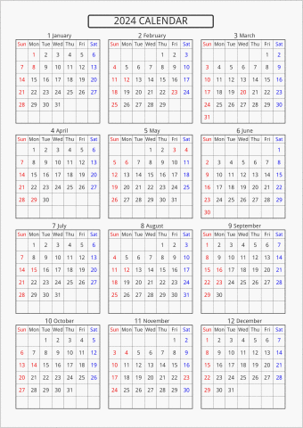 2024年 年間カレンダー 標準 枠あり 曜日(英語)