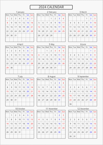 2024年 年間カレンダー 標準 枠あり 月曜始まり 曜日(英語)