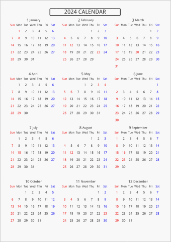 2024年 年間カレンダー 標準 枠なし 曜日(英語)