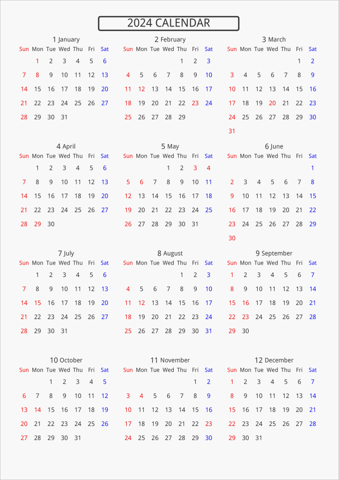2024年 年間カレンダー 標準 枠なし パソコンカレンダーサイト