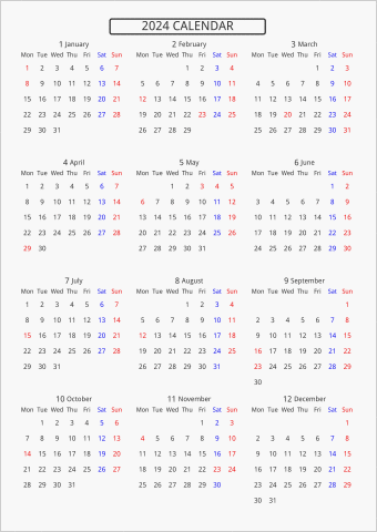 2024年 年間カレンダー 標準 枠なし 月曜始まり 曜日(英語)