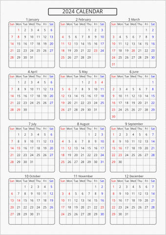 2024年 年間カレンダー 標準 角丸枠 曜日(英語)