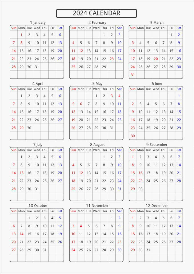 2024年 年間カレンダー 標準 角丸枠 パソコンカレンダーサイト