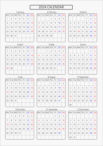 2024年 年間カレンダー 標準 角丸枠 月曜始まり 曜日(英語)