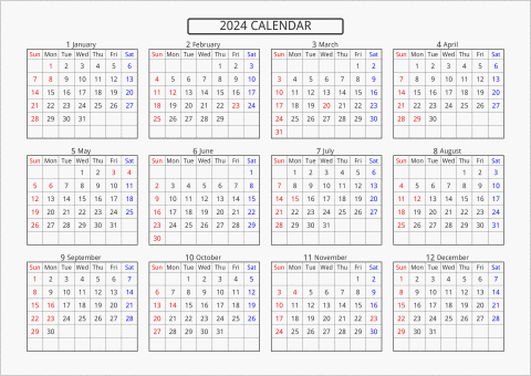 2024年 年間カレンダー 標準 横向き 曜日(英語)