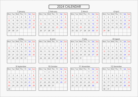 2024年 年間カレンダー 標準 横向き 月曜始まり 曜日(英語)