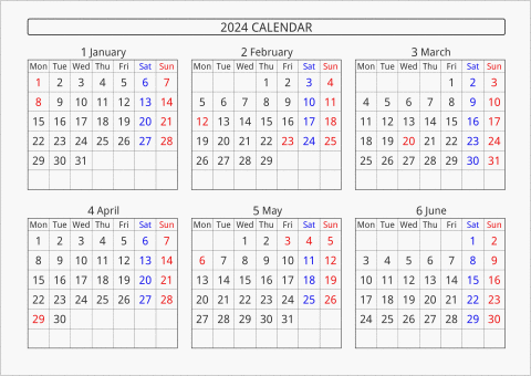 2024年 6ヶ月カレンダー 横向き 月曜始まり 曜日(英語)